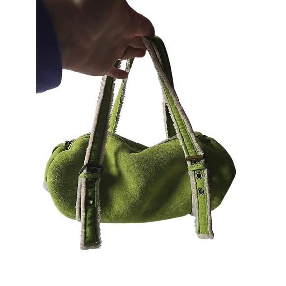 VTG 2004 Y2K Green Faux Suede Sherpa Lined Bucket Shoulder Bag Purse Preppy Prep - Picture 2 of 7